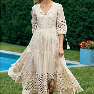 Soft Surroundings Cream Embroidered Maxi Dress with Lattice Hem